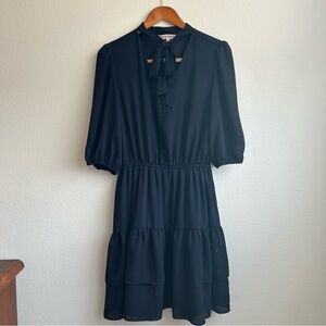 Elegant Black Bow Tie Stretchy Scrunched Waist Women's Dress